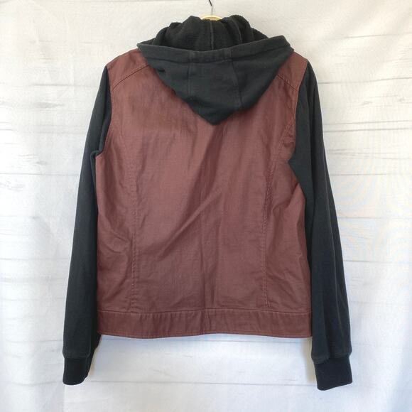 Volcom Mixing Media Hooded Jacket Men Size M Burgundy Black Bikercore Skater - Picture 4 of 12